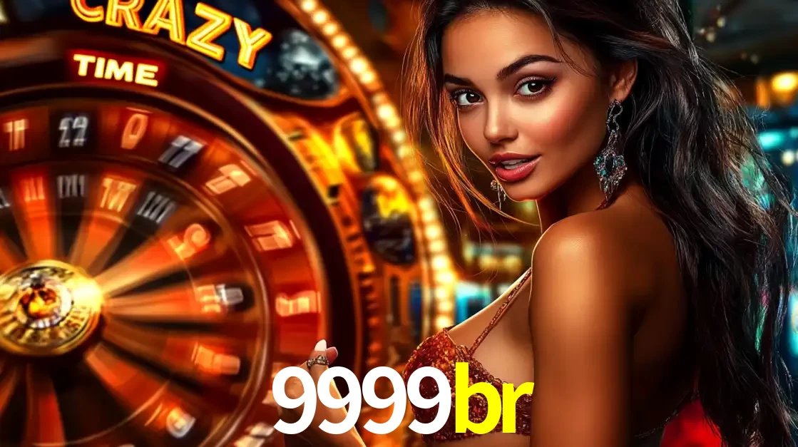 Mulher ao lado da roda de prêmios do jogo de cassino ao vivo Crazy Time, um dos shows de jogos mais emocionantes oferecidos pela plataforma de apostas 9999br.