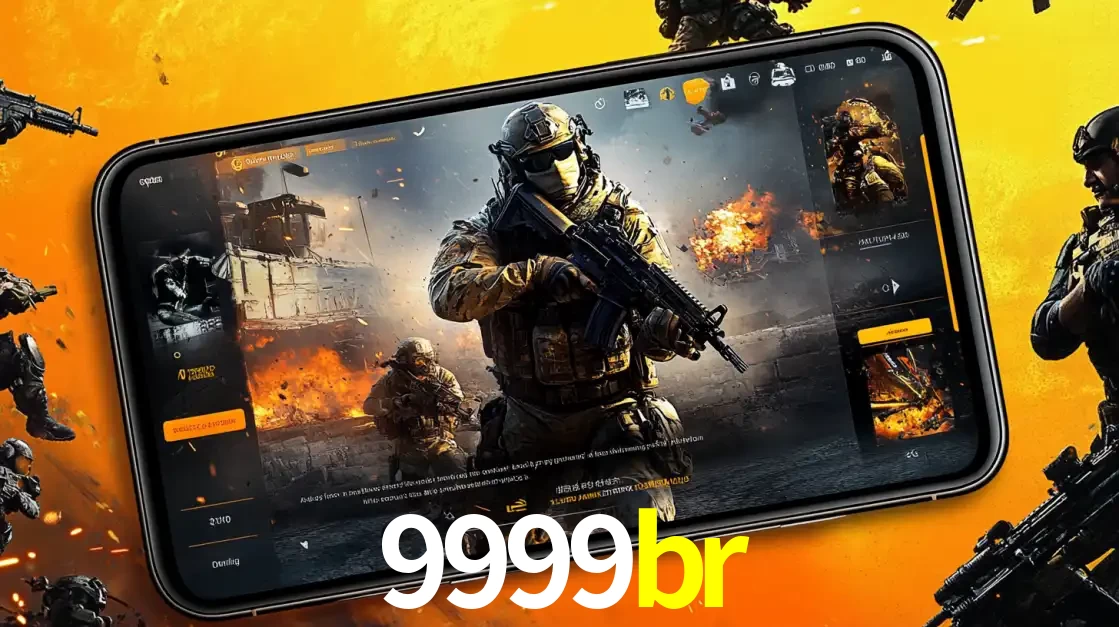 Um smartphone exibindo a interface de um jogo de tiro em primeira pessoa, com um soldado em um cenário de batalha, representando a ação dos e-sports para apostar no 9999br.