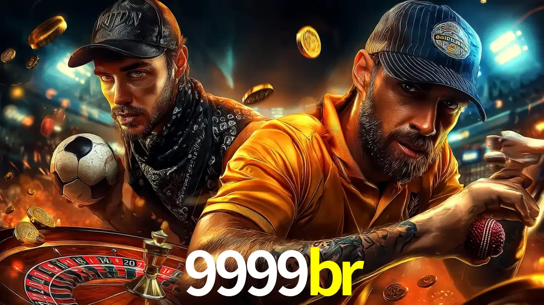 Montagem de apostas esportivas e cassino no 9999br, com um homem segurando uma bola de futebol e outro uma de beisebol sobre uma roleta e moedas voadoras.