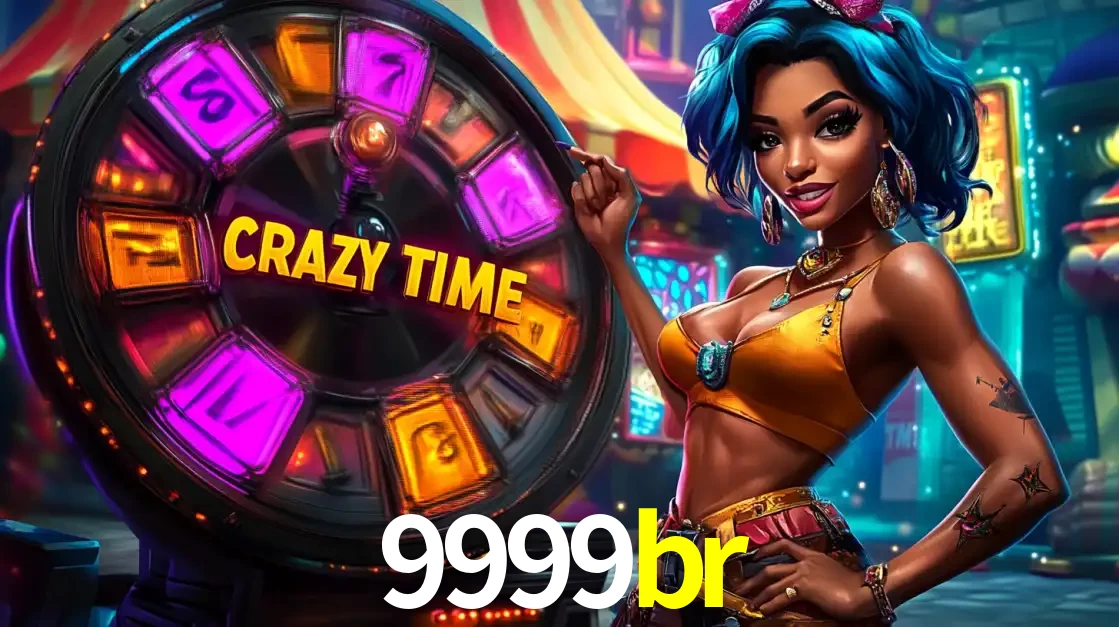Mulher estilizada com cabelo azul e visual vibrante posando ao lado da roda de prêmios do game show Crazy Time, convidando para a diversão e os bônus do cassino 9999br.